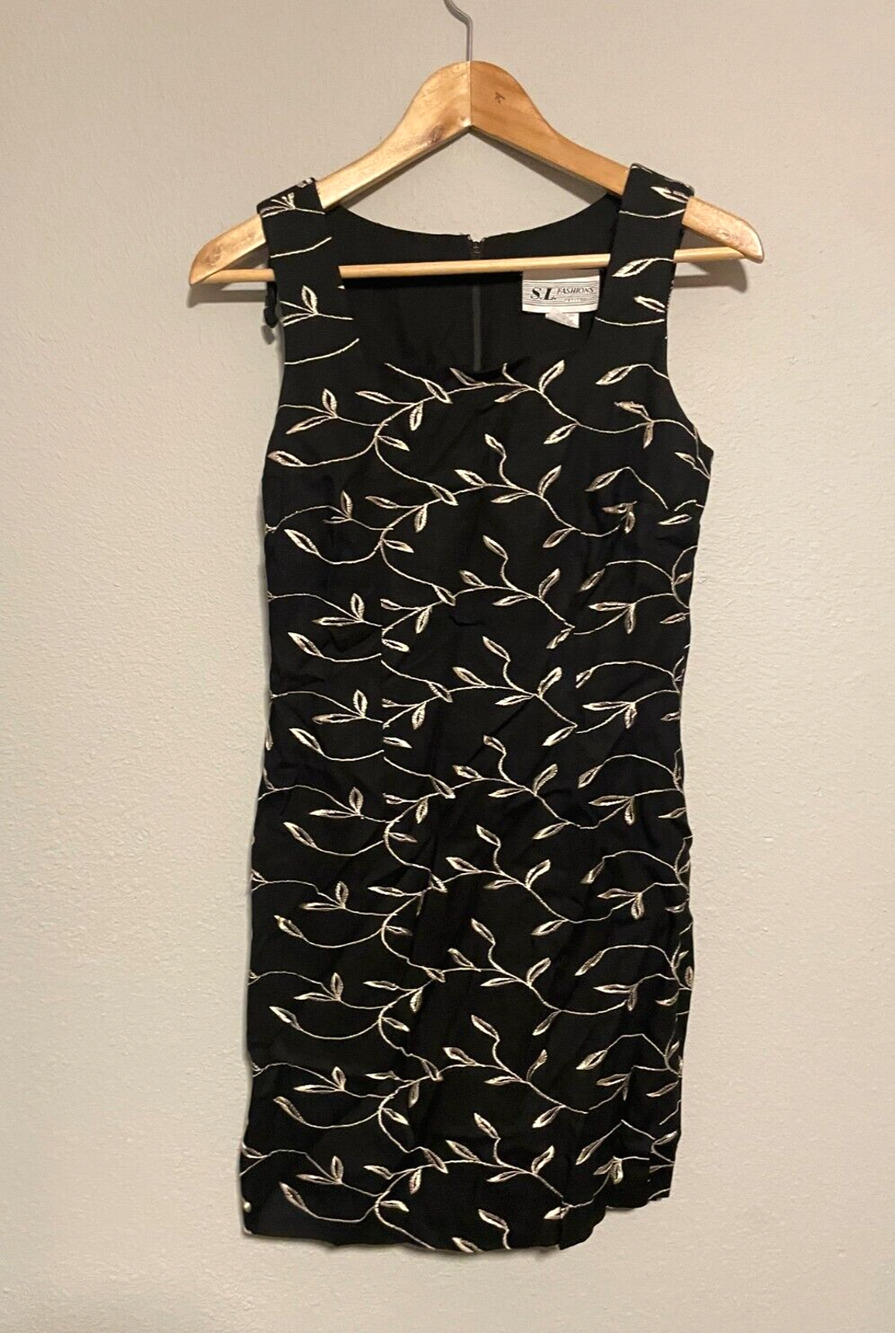 Vintage Womens Dress Size 6 Petite Black Floral Embroidered Linen Fairy 90s